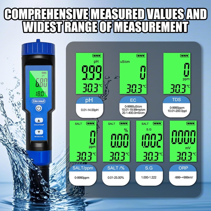 Ueomul pH Meter 7-in-1, PH TDS EC SALZ ORP S.G