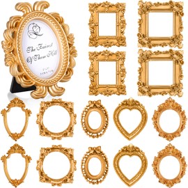 Teenyyou 15 Pcs Mini Gold Frames Mini Vintage Picture Frames Tiny Small Antique Gold Ornaments Resin Jewelry Display Photography Photo Holder for DIY Home Decor(Unable to Accommodate Photo)