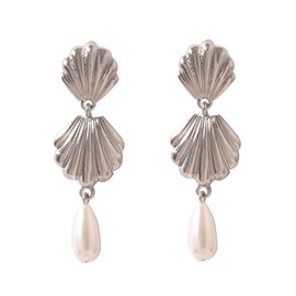 DIAMANTIO Elegant Silver Shell & Pearl Drop Earrings for Women – Vintage Ocean-Inspired Statement Jewelry, Fashionable Dangle Earrings for Special Occasions