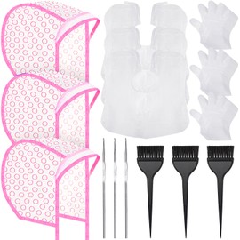 3 Sets Hair Coloring Kit, Includes 3 Pcs of PVC Hair Coloring Caps with 3 Pcs Styling Tools, 3 Pcs Disposable Hair Dye Shawl, 3 Pairs Gloves, 3 Pc Dye Brushes for Dyeing Hair (Pink)