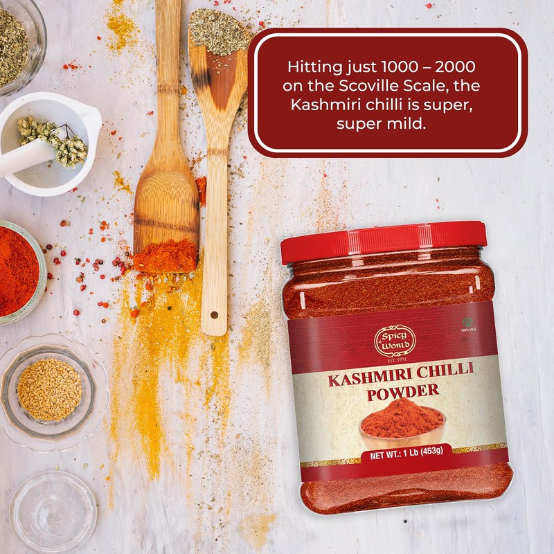 Spicy World Kashmiri Chilli Powder (Chili) 1 Pound Bulk Jar