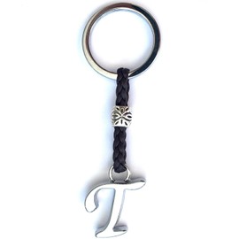 ASTER ALHELÍ - Schlüsselanhänger Personalisiert mit Buchstaben Alphabet - Schlüsselanhänger Anfangsbuchstabe Leder für Männer oder Frauen - Versilberte Zamak-Buchstaben und Perlen (T)