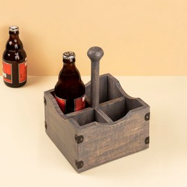 GoCraft Square Wooden Flatware & Silverware Caddy - 4 Divided Compartments, Grey Washed Mango Wood Utensil Holder with Detachable Handle Rod, Stylish Kitchen Storage Organizer for Home & Dining