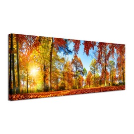 Pyradecor Large Autumn Sunset Forest Canvas Prints Wall Art Golden Nature Landscape Artwork Pictures Paintings for Living Room Bedroom Home Decorations