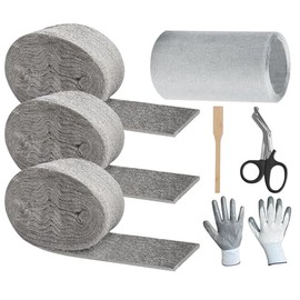 Steel Wool Mice Control, 3 Pack 2.75" x 13FT 0000 Steel Wool for Mice Control & 1 Pack 5" x15FT Stainless Wire Mesh with Wooden Stick & Gloves & Scissors, Hole Filler for House Walls Garden Garage