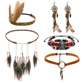 Nfvjfxz 5Pcs Native American Jewelry Sets for Women Indian Boho Costume Includes Simulated Peacock Feather Hair Accessories Dream Catcher Tassel Pendant Earrings Necklaces and Bracelets