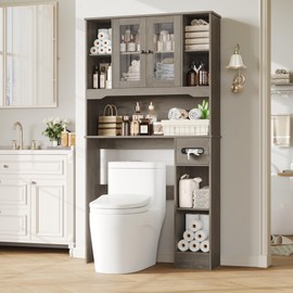 FACBOTALL Over The Toilet Storage Cabinet,Bathroom Organizer with Glass Doors and Paper Holder,Bathroom Shelf Over Toilet,Space-Saver for Restroom,Laundry