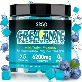 SSGP Creatine Monohydrate Blueberry Gummies - L - Taurine - B12，No Added Sugar - Enhances Energy - Muscular - Vegetarian - Workout Supplement - for Men Women（120 Count）