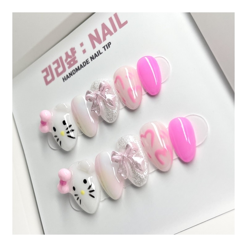 Adorable cat handmade nail tips - Coffin / 앙증맞은 고냥이
