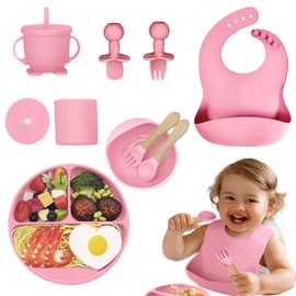 Platos para Bebe Silicon, 10 Pzas Set Alimentacion Complementaria Bebe, Sin BPA, Platos para Bebe Antivuelco, Babero Ajustable, Fácil de Limpiar, Apto para Microondas, Regalos para Niña/Niño (Rosa)
