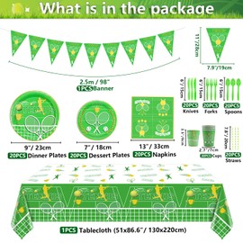 Tennis Party Supplies, Includes Tennis Flag, Tennis Tablecloth, Plates, Napkins, Cups, Straws, Knives, Forks, Spoons for Tennis Birthday Party Decorations, Kids Sports Themed Party, Serve 20 Guests