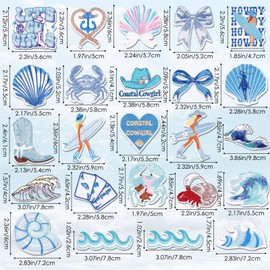 Wonninek Coastal Cowgirl Iron On Patches 24Pcs Blue Ocean Embroidered Patch Sew On/Iron On Patch Embroidery Applique for Clothes Backpacks Jackets Jeans Dress Hats DIY Accessories