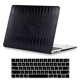 KEROM Compatible with MacBook Air 13 inch Case A1466 A1369 [with Logo Cutout], Older Version 2010-2017 Release, Crocodile PU Leather Protective Hard Shell Case & Keyboard Cover, Black