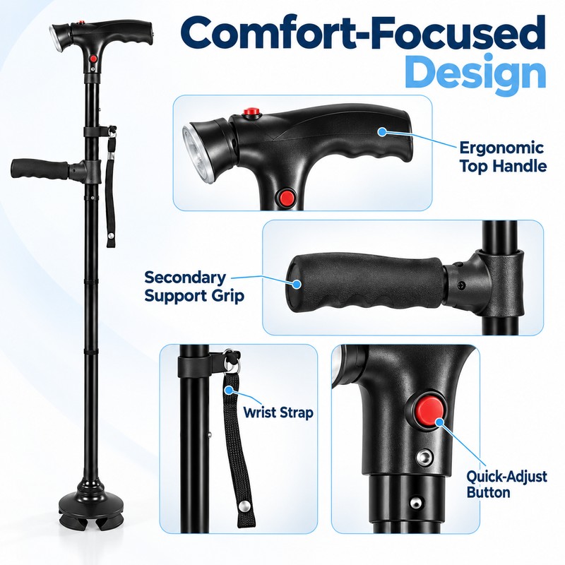 Folding Walking Cane for Seniors with LED Light, Alarm &