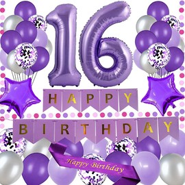 yujiaonly 16th Birthday Party Decorations Purple Happy Birthday Paper Banner Purple 40inch Number 16 Happy birthday Sash Latex and Confetti Balloons Perfect for 16 Years Old Party Supplies Balloons Number 16 Purple