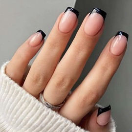 24 Pcs Black French Tip False Nails Square - Premium Material Fake Nails for Women, Classic Nude Base with Black Edge Design, Suitable for Wearing on Various Occasions