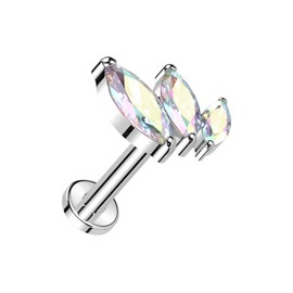 Pierced Owl 16GA ASTM F-136 Implant Grade Titanium Threadless Push-In CZ Crystal Triple Marquise Flat Back Stud (Silver Tone/Aurora Borealis)