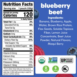 Noka Superfood Fruit Smoothie Pouches, Blueberry Beet, Healthy Snacks with Flax Seed, Prebiotic Fiber and Plant Protein, Vegan and Gluten Free, Organic Fruit & Veggie Squeeze Pouch, 4.22 oz, 12 Count