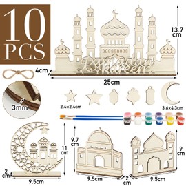 BOFUNX Pack of 10 Ramadan Table Decorations for Crafts and Painting, Wooden Mosques, Stand, Ramadan, Moon, Stars, Pendants, Ramadan Kareem Decoration for Ramadan Eid Mubarak Decorations