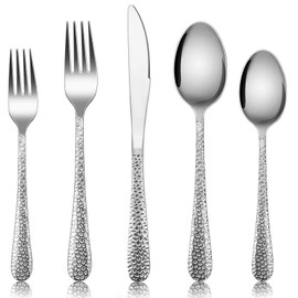 Hammered Silverware Set for 8, E-far 40-Piece Stainless Steel Flatware Cutlery Set, Includes Knives, Forks, Spoons, Modern Design & Mirror Polished - Dishwasher Safe