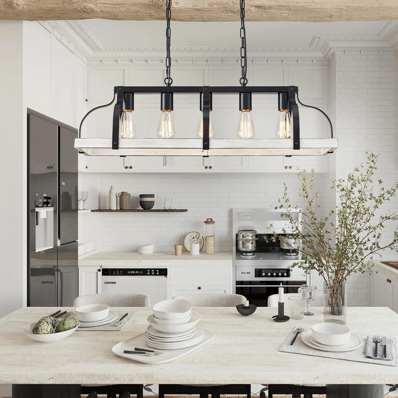 WUZUPS 5-Light Metal Chandelier Imitation Wood Grain Linear Pendant Ceiling