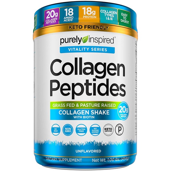 Purely Inspired Collagen Peptides Protein Powder, Grass Fed & Pasture Raised Supplement, Biotin, Gluten Free, Dairy Free, Keto-Certified, Paleo-Certified, Non-GMO, Unflavored, 1 Pound (23 Servings)