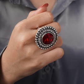 Jumwrit Vintage Knuckle Ring - Silver Rhinestone Big Round Adjustable Finger Ring - Indian Style for Women (Red)