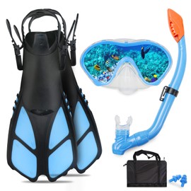 AosDero Kids Snorkeling Set with Flippers Panoramic Snorkel Mask Dry Top Snorkel Earplugs Gear Bag,Snorkeling Gear for Kids,Youth,Boys and Girls Age 5-12