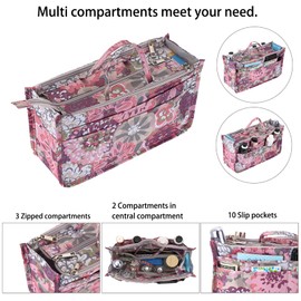 IGNPION Printed Handbag Insert Organiser with 13 Pockets, Expandable Zipper Bag, Shopping Bag, Organiser, Nappy Bag, Insert with Handle, Peony