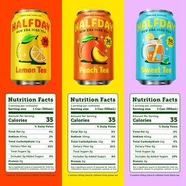 HALFDAY Prebiotic Iced Tea Lemon, Peach, Sweet Tea Variety Pack, Gut Health, Plant Fiber & Prebiotics, 3-5g of Sugar, 35 Calories, Natural Caffeine, Gluten Free, Keto 12 fl oz (12 pack)