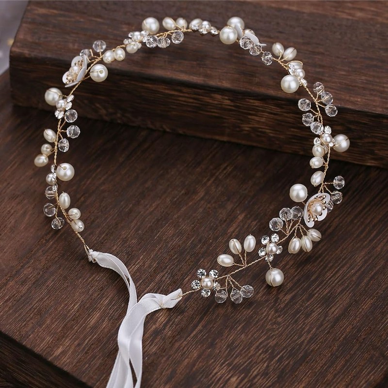 YUEKISEN Flower Wedding Headpiece for Bride Gold Crystal Pearl Beads
