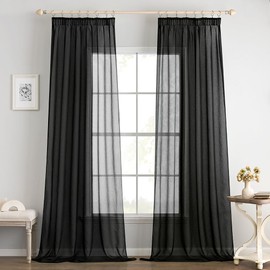 EMEMA Set of 2 Sheer Voile Curtains with Ruffle Tape, Transparent Voile, Polyester, Transparent, Living Room, Airy Decorative Curtain for Bedroom, 140 x 245 cm (W x H), Black