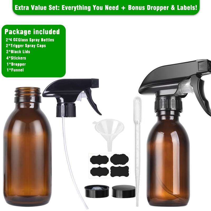 4oz Amber Glass Spray Bottles (2 Pack) - Refillable with