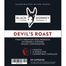 Devil's Roast | 50 Capsules Compatible with A Modo Mio Machines | Extra-Strong Highly Caffeinated Bold Coffee | Premium Robusta by Black Donkey Coffee Roasters