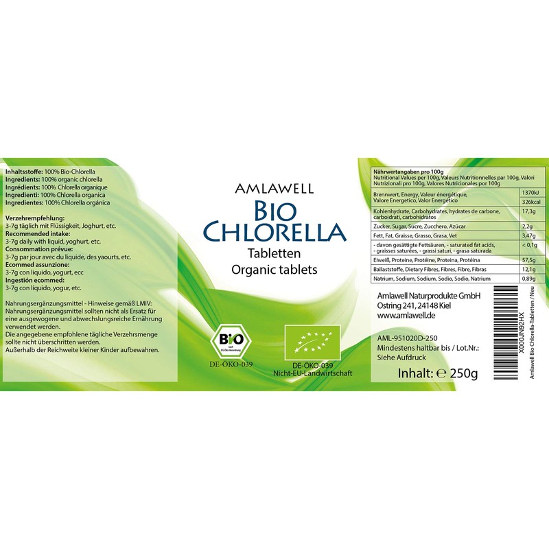 AMLAWELL Organic Chlorella Tablets - 250 g Protein-Rich Chlorella Pellets