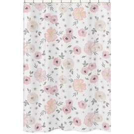Sweet Jojo Designs Blush Pink, Grey and White Bathroom Fabric Bath Shower Curtain for Watercolor Floral Collection