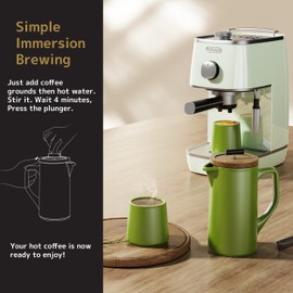 DHPO Ceramic French Press Coffee Maker, 22oz Single Serve Coffee Press with Walnut Wood Lid, Lead-Free, Food Grade Stainless Steel Filter with Dual Screen for Coffee and Loose Tea, Green
