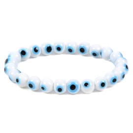 Justinstones White Evil Eye Glass 8mm Round Beads Stretch Bracelet 7 Inch Unisex