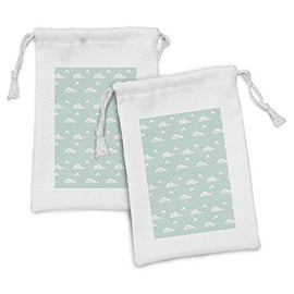 Ambesonne Teal and White Fabric Pouch Set of 2, Cartoon Style White Fluffy Clouds in the Clear Summer Sky Doodle Pattern, Small Drawstring Bag for Toiletries Masks and Favors, 9" x 6", Seafoam White