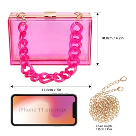 WJCD Women Clear Purse Acrylic Box Clutch Handbag, Small Transparent Crossbody Evening Bag Stadium Approved Gold Chain Strap (Purple 2 chains)