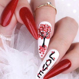 Press on Nails Hearts Red 24Pcs Artificial Glossy Full Cover Almond Red Fake Nails with Valentine's day Designs Acrylic Medium False Nails with Glue Stick on Fingernails for Women Girls