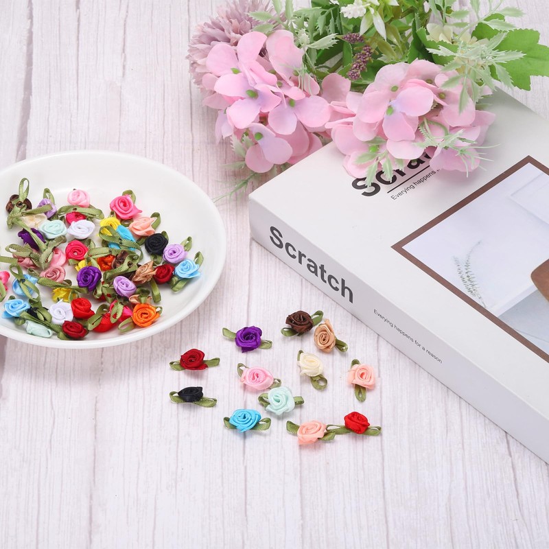 sourcing map 50pcs White Ribbon Roses 5/8" x1-3/16 Mini Roses