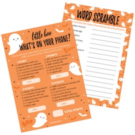 Orange Little Boo Baby Shower Party Games - What's On Your Phone and Word Scramble (2 Game Bundle) - 20 Double Sided Cards