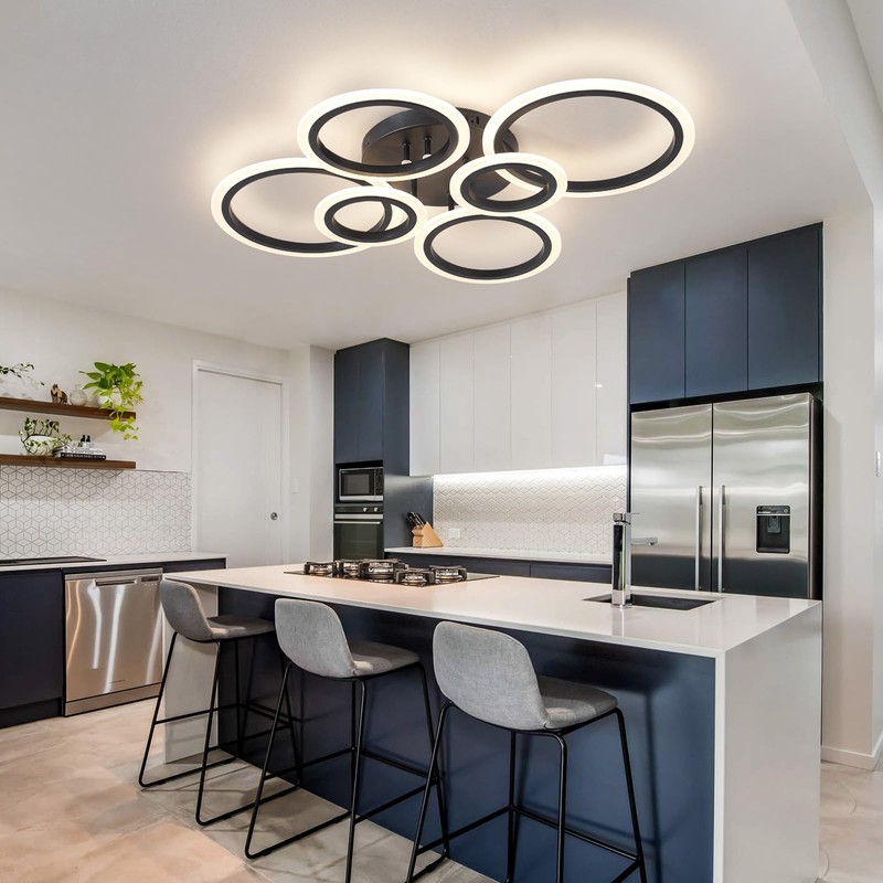 Shine LUEST 6 Rings Black Modern LED Ceiling Light Fixture,