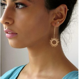 Aobei Pearl Geometric Drop Dangle Earrings BOHO Statement Long Hoop 18K Gold Plated Sun Earrings for Women