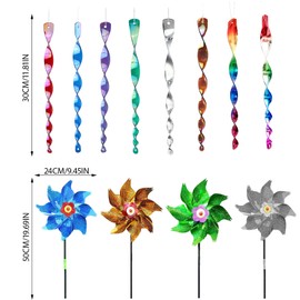 AYNKH Set of 12 Windmill Bird and Pigeon Repellers, Reflective Wind Turbine, Bird and Pigeon Repellers for Balconies, Gardens, Orchards, Patio, Roofs (Green Blue Silver Gold, Diameter 24cm)