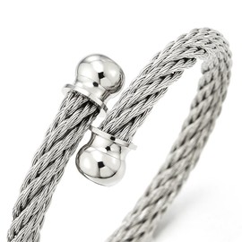 COOLSTEELANDBEYOND Mens Women Elastic Adjustable Stainless Steel Twisted Cable Open Cuff Bangle Bracelet Silver Color(CA)