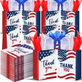 Ctosree 48 Pcs Veterans Thank You Gifts Bag 105 Pcs Red Blue White Tissue Paper 4th of July Bags with Handles American Flag Paper Treat Goodie Bag for Patriotic Memorial Day Independence Day Party