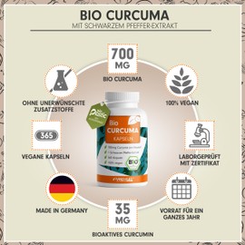Organic Curcuma Capsules 365x with 700 mg Curcuma from Controlled Organic Cultivation - Optimal High Dose with 35 mg Curcumin per Capsule - with Black Pepper Extract - Supply for 1 Year