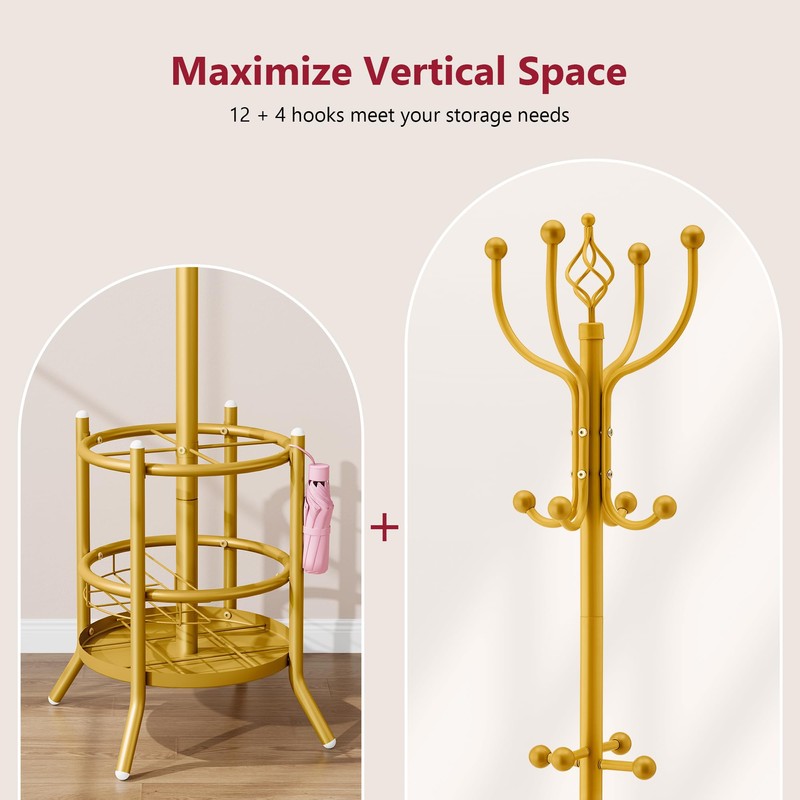 Tajsoon Coat Tree with Umbrella Holder, Coat Rack Freestanding, Coat